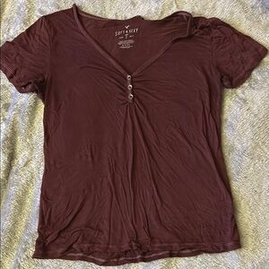 American Eagle Outfitters Brown Ruched Buttoned Short Sleeve T-Shirt